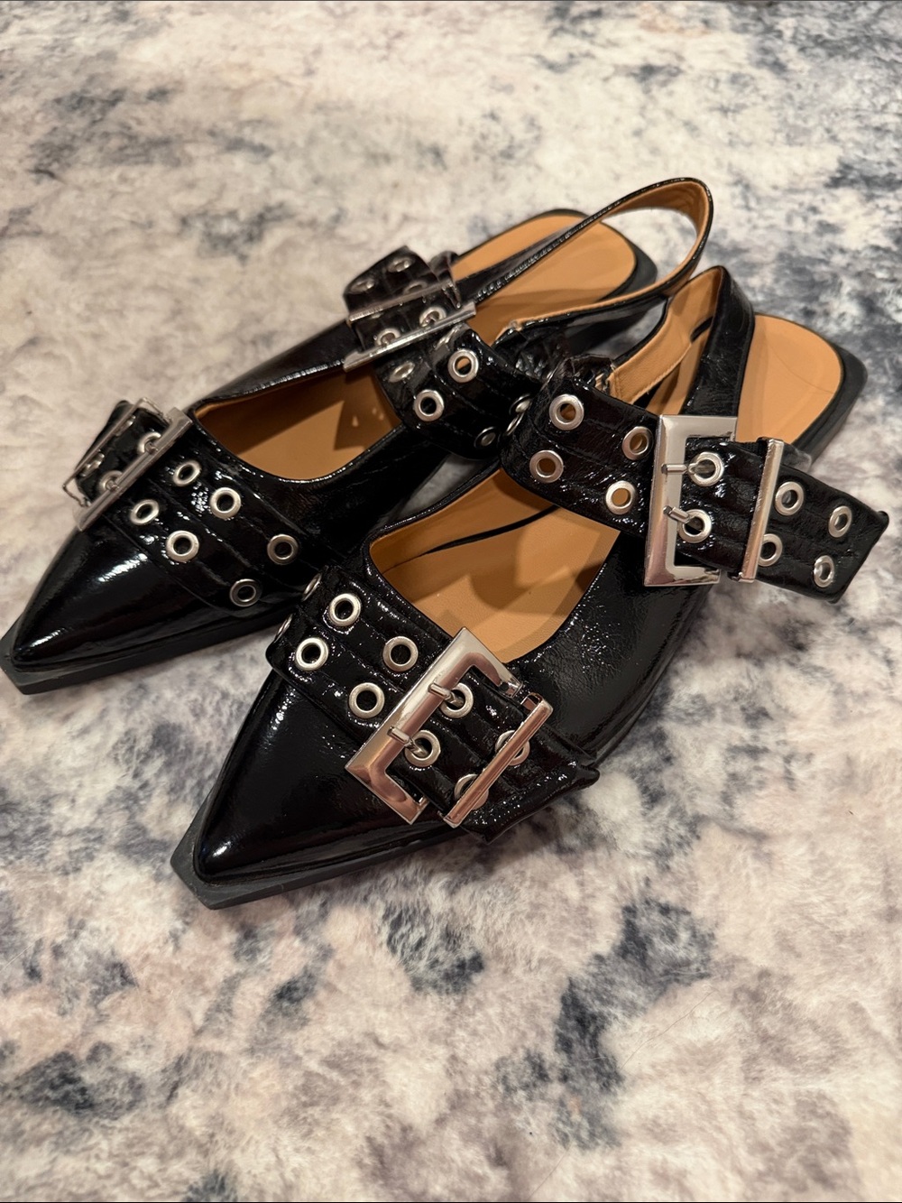 Black Patent Pointed Slingback Flats with Buckle Detail